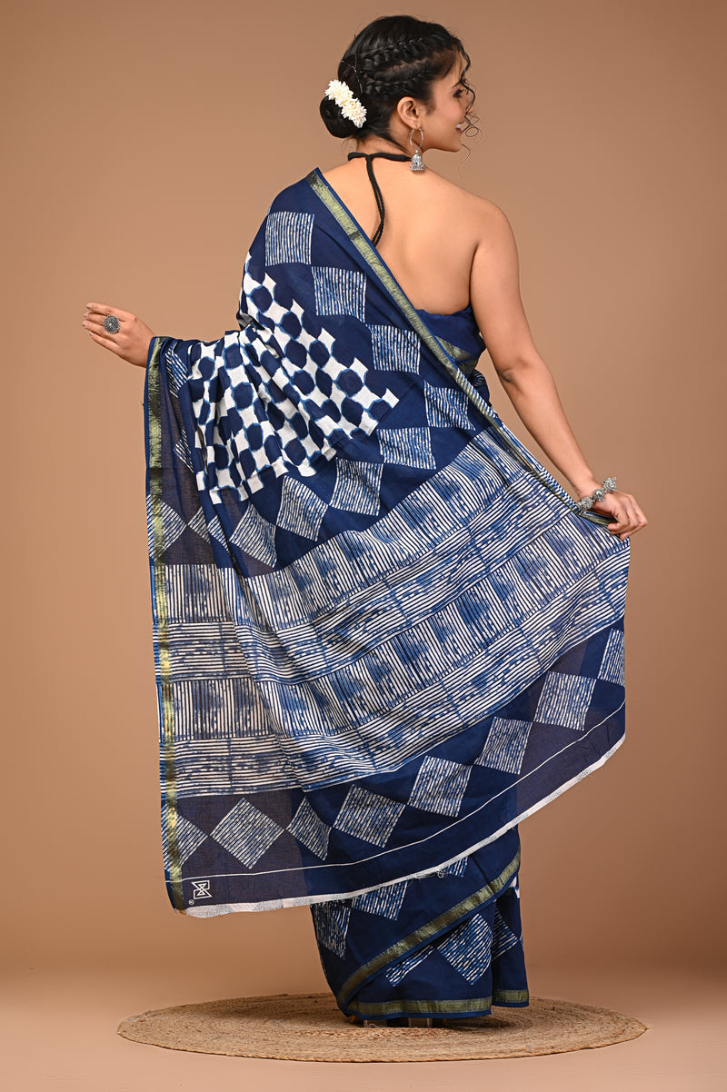 Lovwear Navy Blue Box Geometric Cotton MulMul Saree with Zari Border - Front View
