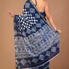 Lovwear Navy Blue Box Geometric Cotton MulMul Saree with Zari Border - Front View