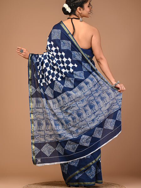 Lovwear Navy Blue Box Geometric Cotton MulMul Saree with Zari Border - Front View