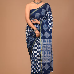 Lovwear Navy Blue Box Geometric Cotton MulMul Saree with Zari Border - Pallu & Border Detail View