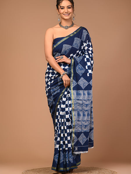 Lovwear Navy Blue Box Geometric Cotton MulMul Saree with Zari Border - Pallu & Border Detail View