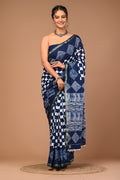 Lovwear Navy Blue Box Geometric Cotton MulMul Saree with Zari Border