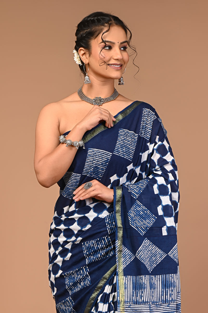 Lovwear Navy Blue Box Geometric Cotton MulMul Saree with Zari Border - Fabric Texture View