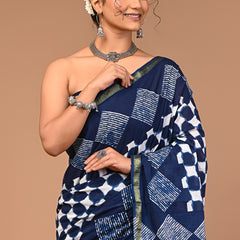 Lovwear Navy Blue Box Geometric Cotton MulMul Saree with Zari Border - Fabric Texture View