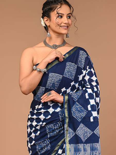 Lovwear Navy Blue Box Geometric Cotton MulMul Saree with Zari Border - Fabric Texture View