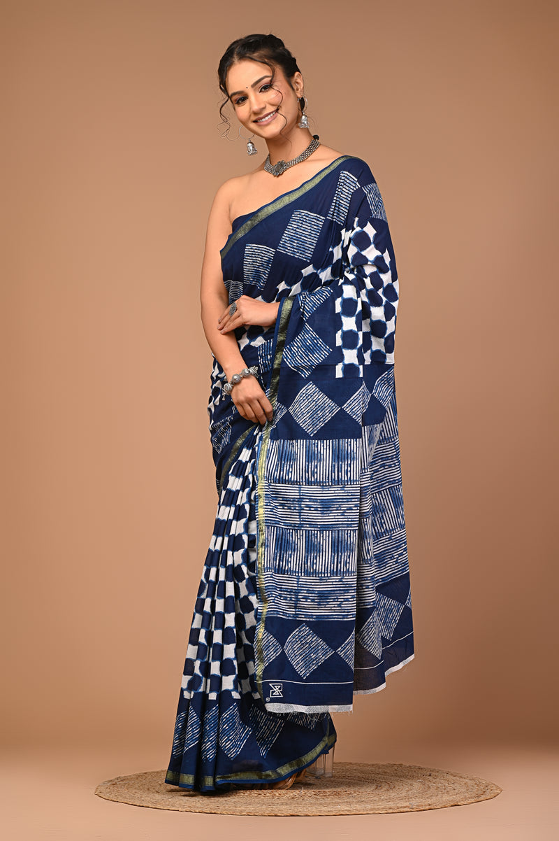 Lovwear Navy Blue Box Geometric Cotton MulMul Saree with Zari Border - Pleats & Full Length View