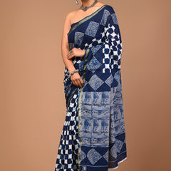 Lovwear Navy Blue Box Geometric Cotton MulMul Saree with Zari Border - Pleats & Full Length View