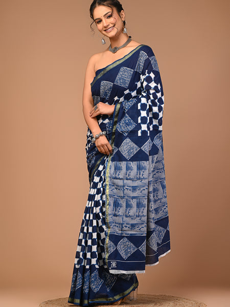 Lovwear Navy Blue Box Geometric Cotton MulMul Saree with Zari Border - Pleats & Full Length View