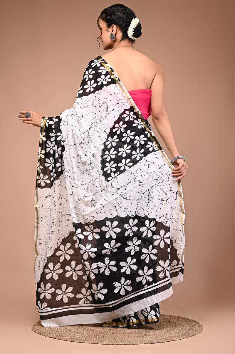 Lovwear White & Black Teda Flower Cotton MulMul Saree with Zari Border - Front View