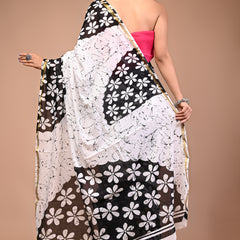 Lovwear White & Black Teda Flower Cotton MulMul Saree with Zari Border - Front View