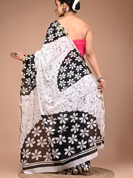 Lovwear White & Black Teda Flower Cotton MulMul Saree with Zari Border - Front View