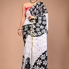 Lovwear White & Black Teda Flower Cotton MulMul Saree with Zari Border - Pallu & Border Detail View