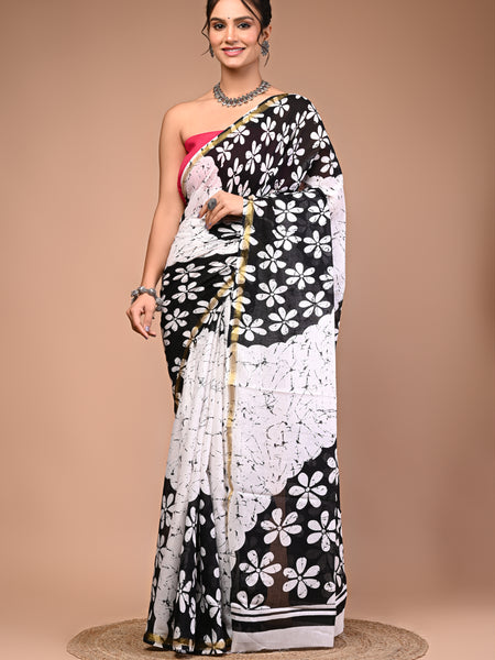 Lovwear White & Black Teda Flower Cotton MulMul Saree with Zari Border - Pallu & Border Detail View