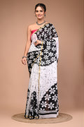 Lovwear White & Black Teda Flower Cotton MulMul Saree with Zari Border