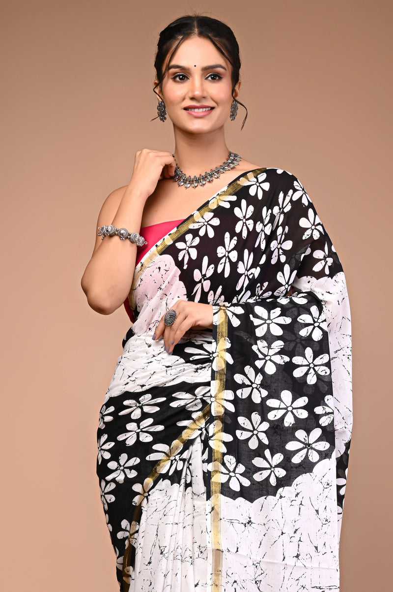Lovwear White & Black Teda Flower Cotton MulMul Saree with Zari Border - Fabric Texture View