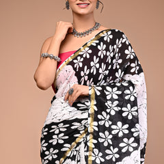 Lovwear White & Black Teda Flower Cotton MulMul Saree with Zari Border - Fabric Texture View
