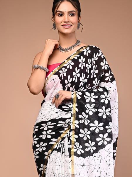 Lovwear White & Black Teda Flower Cotton MulMul Saree with Zari Border - Fabric Texture View
