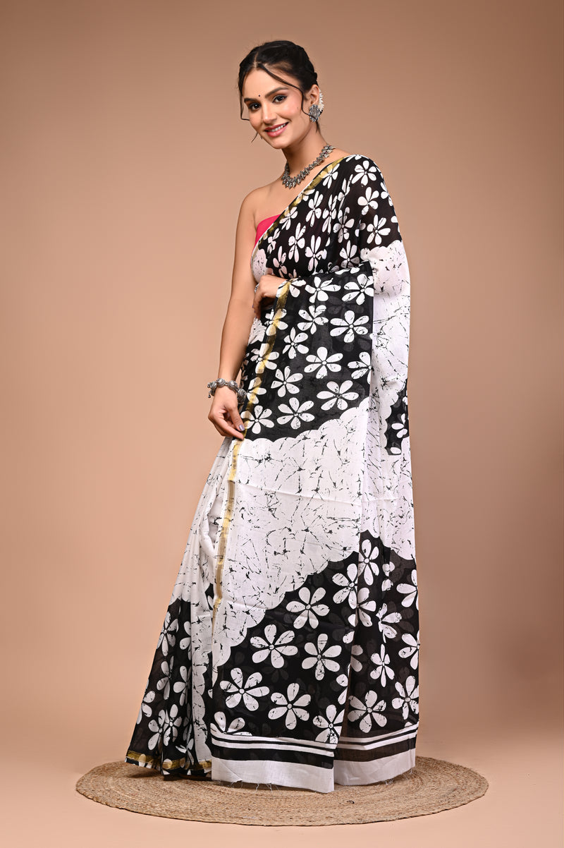 Lovwear White & Black Teda Flower Cotton MulMul Saree with Zari Border - Pleats & Full Length View