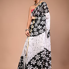 Lovwear White & Black Teda Flower Cotton MulMul Saree with Zari Border - Pleats & Full Length View