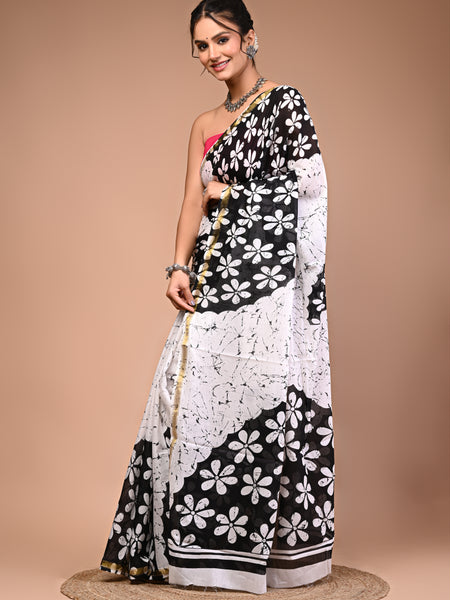 Lovwear White & Black Teda Flower Cotton MulMul Saree with Zari Border - Pleats & Full Length View