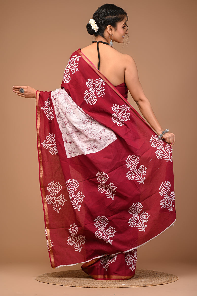 Lovwear Maroon & White Boota Batik Cotton MulMul Saree with Zari Border - Front View