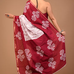 Lovwear Maroon & White Boota Batik Cotton MulMul Saree with Zari Border - Front View