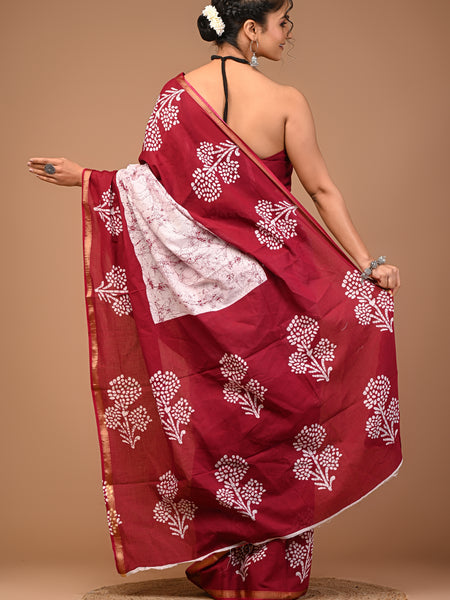 Lovwear Maroon & White Boota Batik Cotton MulMul Saree with Zari Border - Front View
