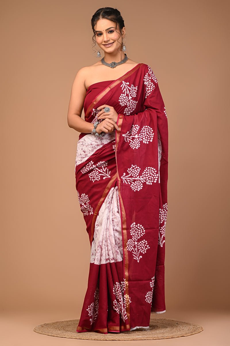 Lovwear Maroon & White Boota Batik Cotton MulMul Saree with Zari Border - Pallu & Border Detail View