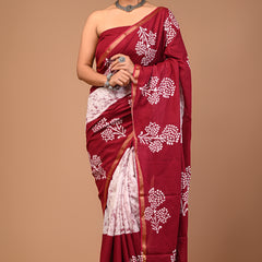 Lovwear Maroon & White Boota Batik Cotton MulMul Saree with Zari Border - Pallu & Border Detail View