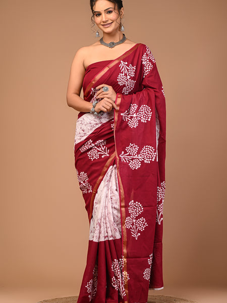 Lovwear Maroon & White Boota Batik Cotton MulMul Saree with Zari Border - Pallu & Border Detail View