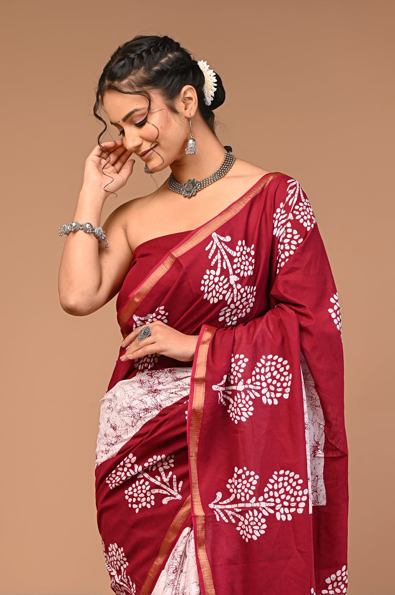 Lovwear Maroon & White Boota Batik Cotton MulMul Saree with Zari Border - Fabric Texture View