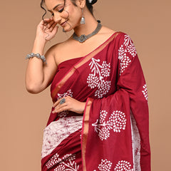 Lovwear Maroon & White Boota Batik Cotton MulMul Saree with Zari Border - Fabric Texture View