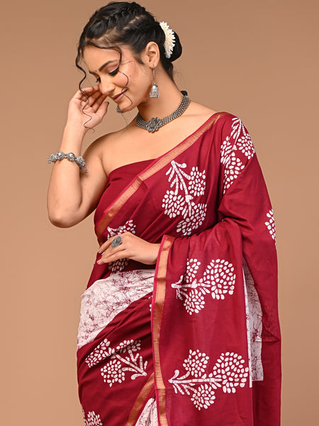 Lovwear Maroon & White Boota Batik Cotton MulMul Saree with Zari Border - Fabric Texture View