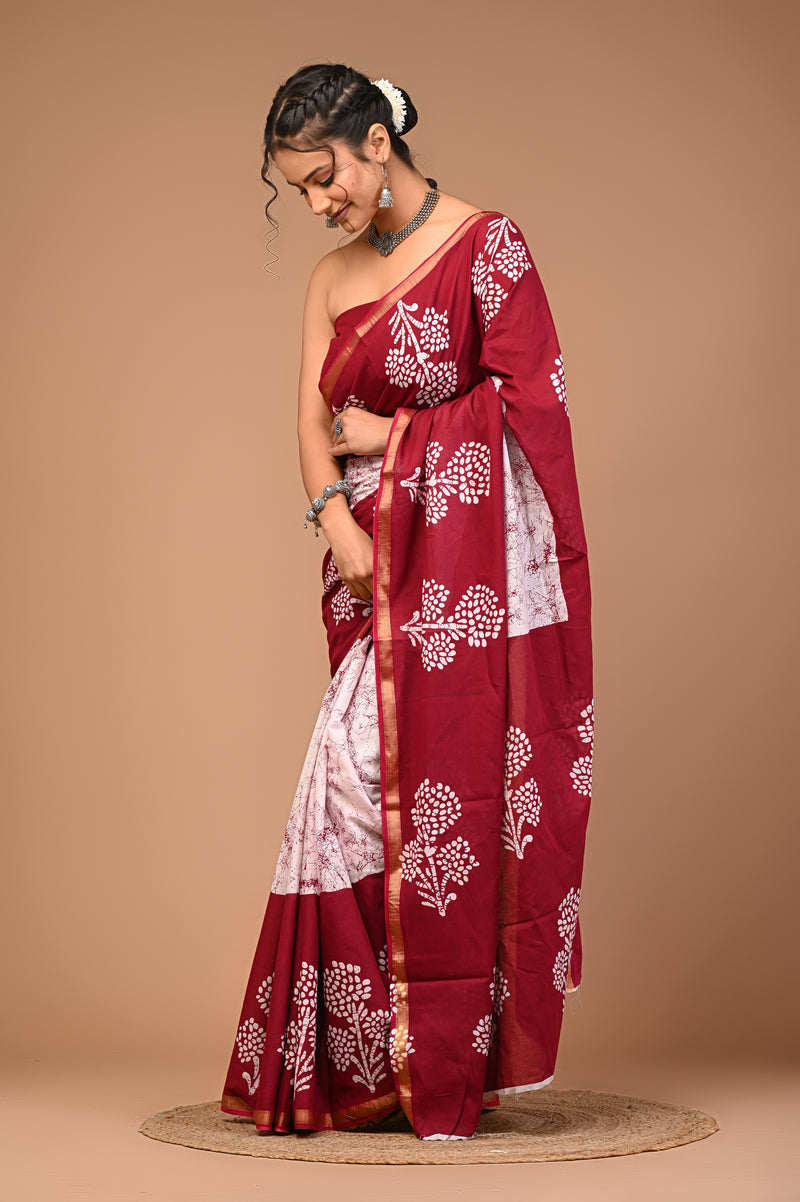 Lovwear Maroon & White Boota Batik Cotton MulMul Saree with Zari Border - Pleats & Full Length View