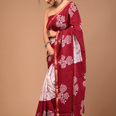 Lovwear Maroon & White Boota Batik Cotton MulMul Saree with Zari Border - Pleats & Full Length View