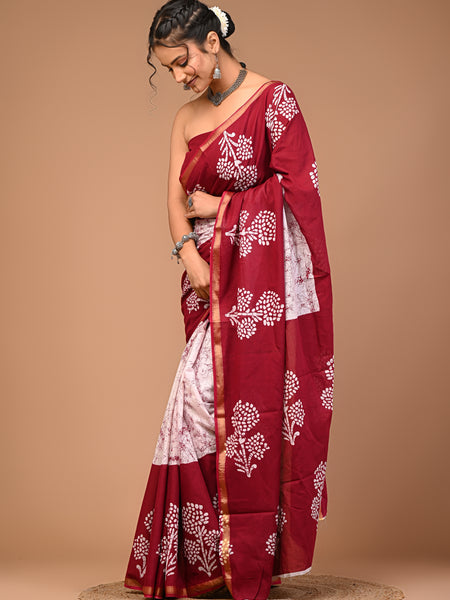 Lovwear Maroon & White Boota Batik Cotton MulMul Saree with Zari Border - Pleats & Full Length View