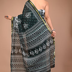 Lovwear Green Star Motif Cotton MulMul Saree with Zari Border - Front View
