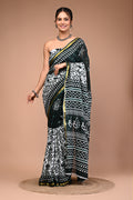 Lovwear Green Star Motif Cotton MulMul Saree with Zari Border