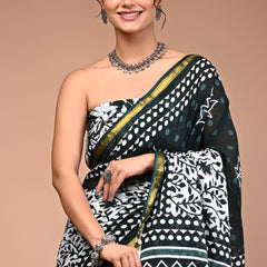 Lovwear Green Star Motif Cotton MulMul Saree with Zari Border - Fabric Texture View