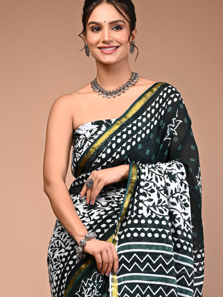 Lovwear Green Star Motif Cotton MulMul Saree with Zari Border - Fabric Texture View