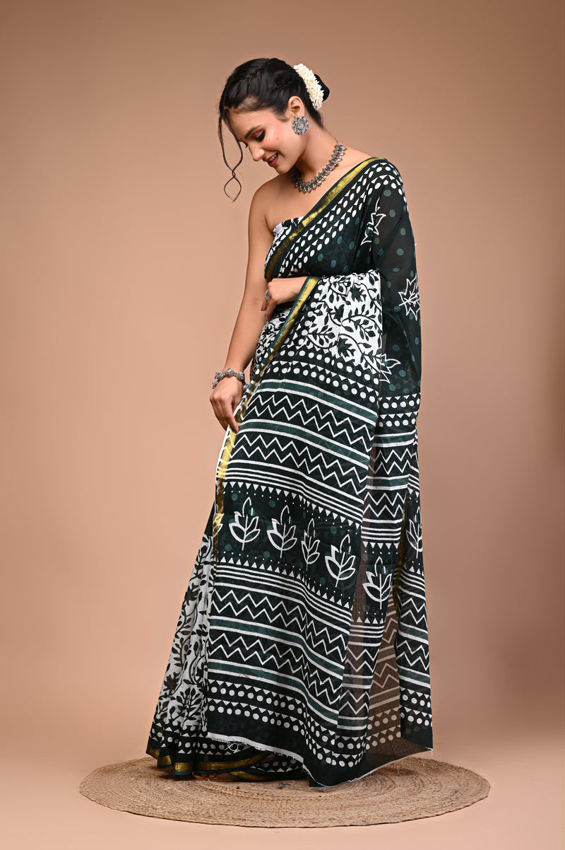 Lovwear Green Star Motif Cotton MulMul Saree with Zari Border - Pleats & Full Length View