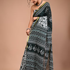 Lovwear Green Star Motif Cotton MulMul Saree with Zari Border - Pleats & Full Length View