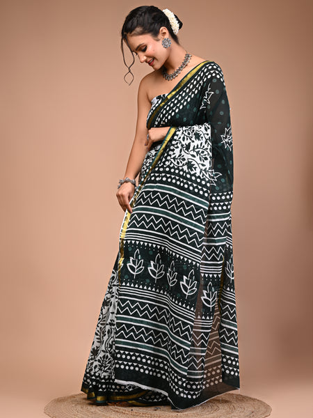 Lovwear Green Star Motif Cotton MulMul Saree with Zari Border - Pleats & Full Length View