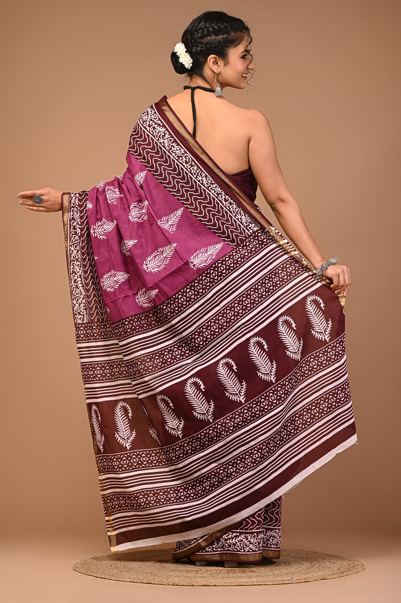 Lovwear Purple Discharge Motif Cotton MulMul Saree with Zari Border - Front View