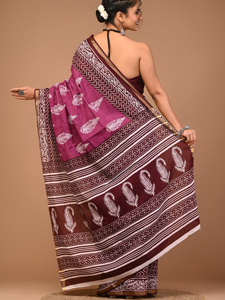 Lovwear Purple Discharge Motif Cotton MulMul Saree with Zari Border - Front View