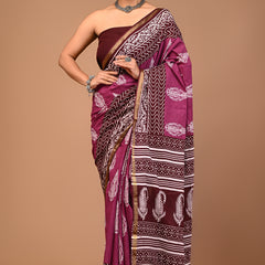 Lovwear Purple Discharge Motif Cotton MulMul Saree with Zari Border - Pallu & Border Detail View