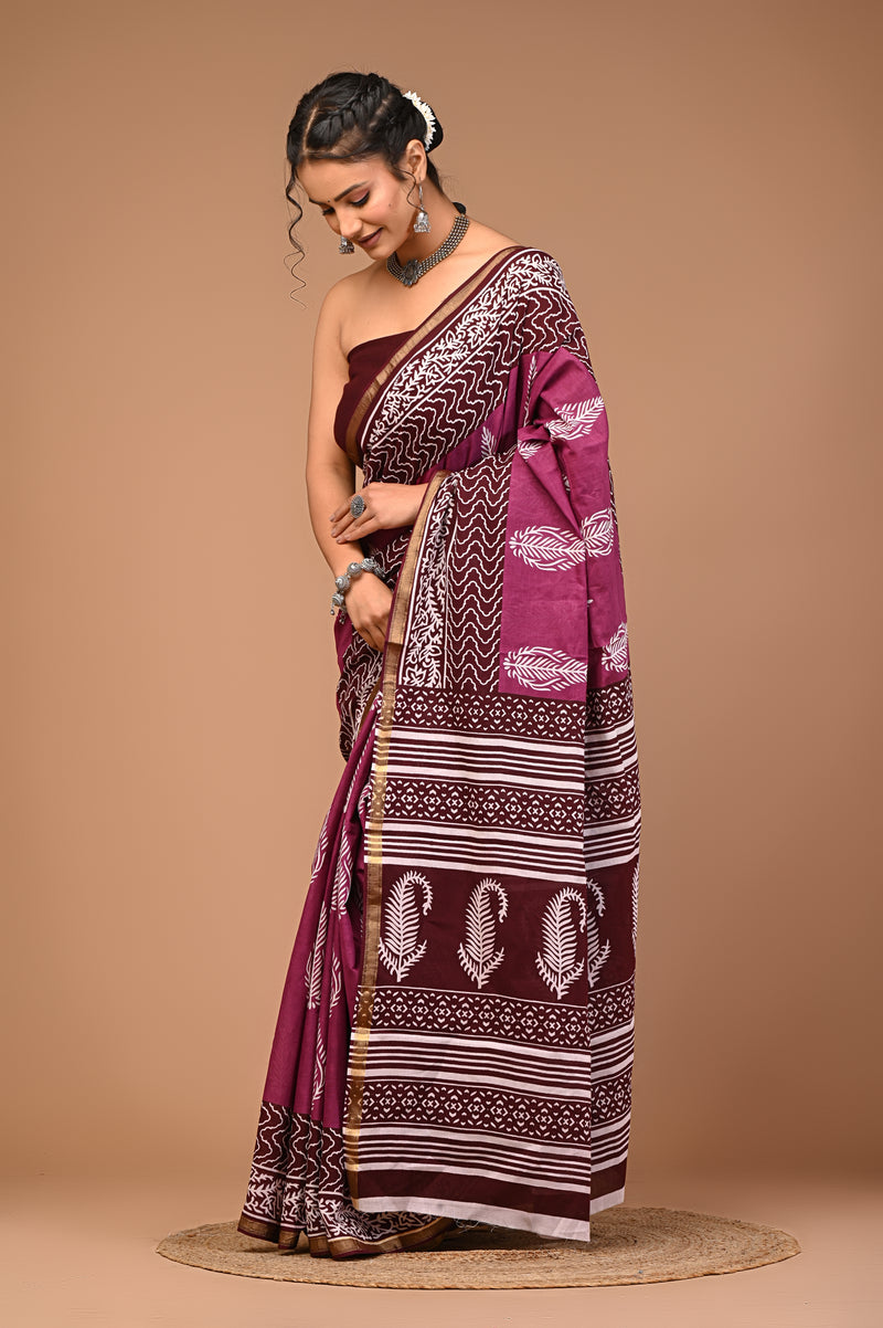 Lovwear Purple Discharge Motif Cotton MulMul Saree with Zari Border - Pleats & Full Length View