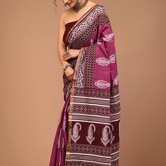 Lovwear Purple Discharge Motif Cotton MulMul Saree with Zari Border - Pleats & Full Length View