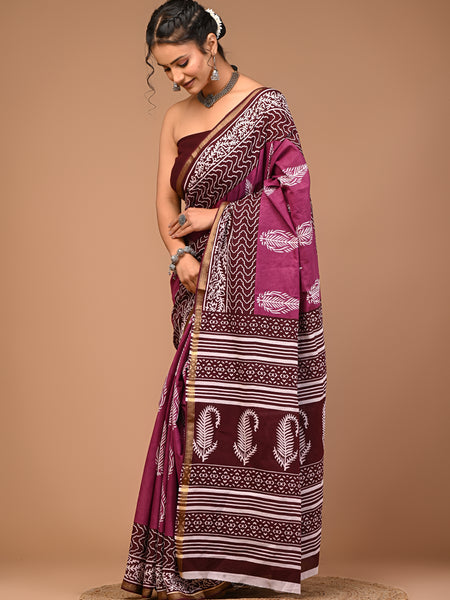 Lovwear Purple Discharge Motif Cotton MulMul Saree with Zari Border - Pleats & Full Length View