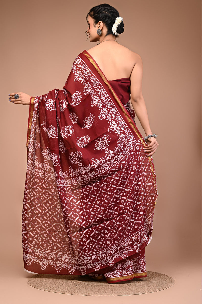 Lovwear Maroon & White Designer Motif Cotton MulMul Saree with Zari Border - Front View